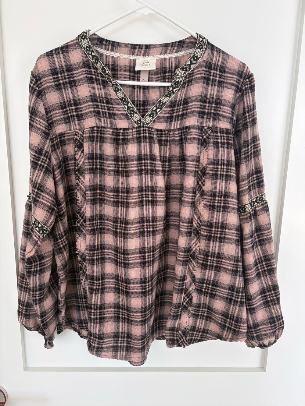 Knox Rose Pink Black Plaid Boho Peasant Blouse Embroidered Trim-XL